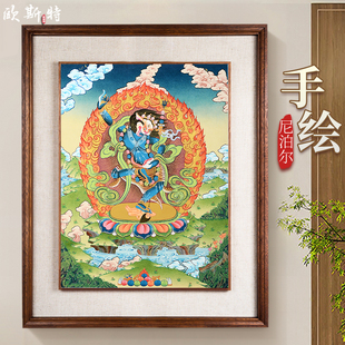 欧斯特狮面空行母手绘唐卡室内家用狮头金刚墙壁玄关装 饰挂画像