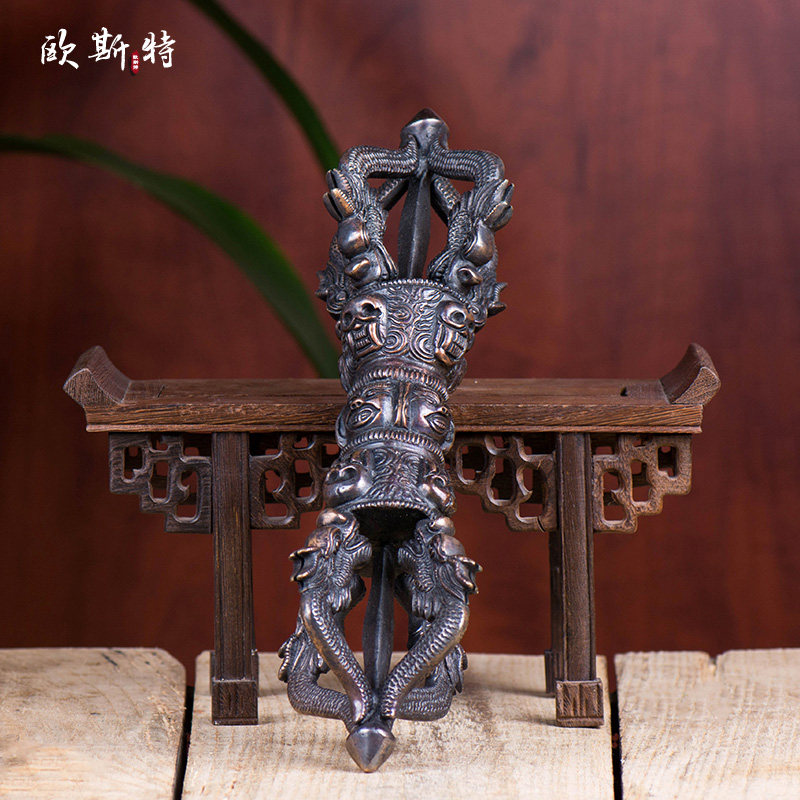 欧斯特 五股金刚杵尼泊尔手工铜做旧龙纹雕花居家佛具供具摆件