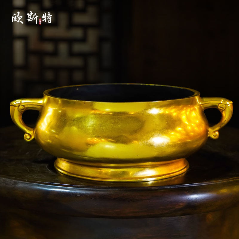 欧斯特全鎏金七号蚰耳炉办公室茶室精工铜雕光面熏香炉摆件