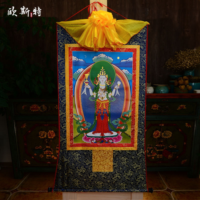 欧斯特西藏镀金烫金 明目四臂观音唐卡玄关挂画 客厅装裱布装饰画