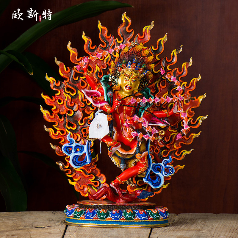 欧斯特 作明佛母桌面铜像 尼泊尔手工12寸铜鎏金彩绘家居装饰品