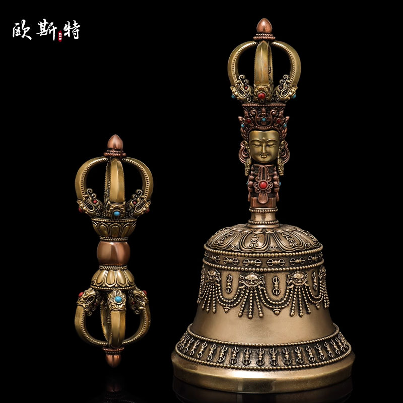 欧斯特五股金刚铃杵室内家用彩珠镶嵌普巴金刚橛桌面铜摆件