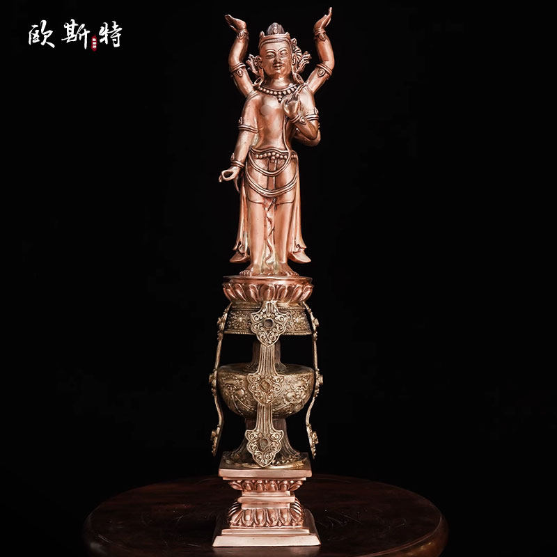 欧斯特紫铜雕花《十七寸丹萨替十五世纪塔柱前后双面佛》铜像摆件