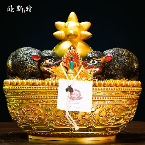 铜鎏金宝瓶鼹鼠吐宝家用