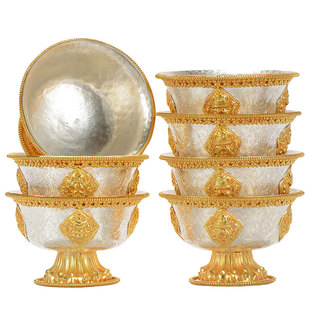 供水杯净水杯装 饰用品尼泊尔手工铜鎏金鎏银八吉祥圣水碗铜供水碗