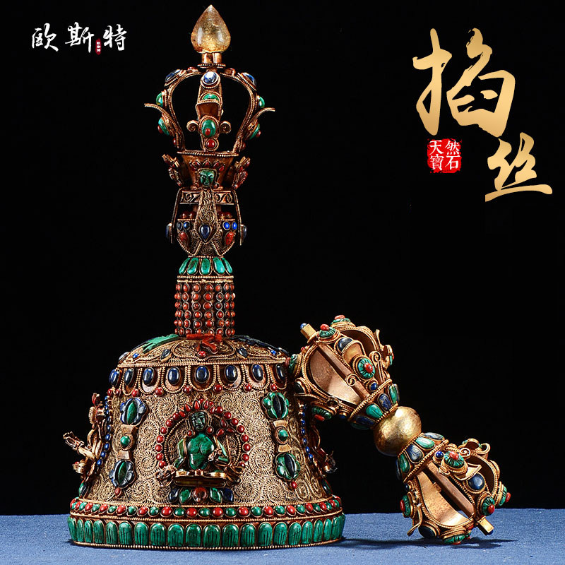 五股金刚铃金刚宝杵 尼泊尔手工铜掐丝松石手摇铃铛 佛具用品摆件