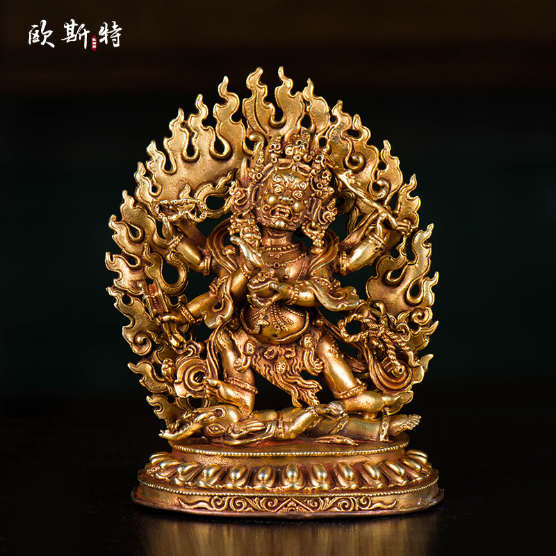欧斯特 家用5寸六臂玛哈嘎拉家居用品摆件尼泊尔铜全鎏金玄关像