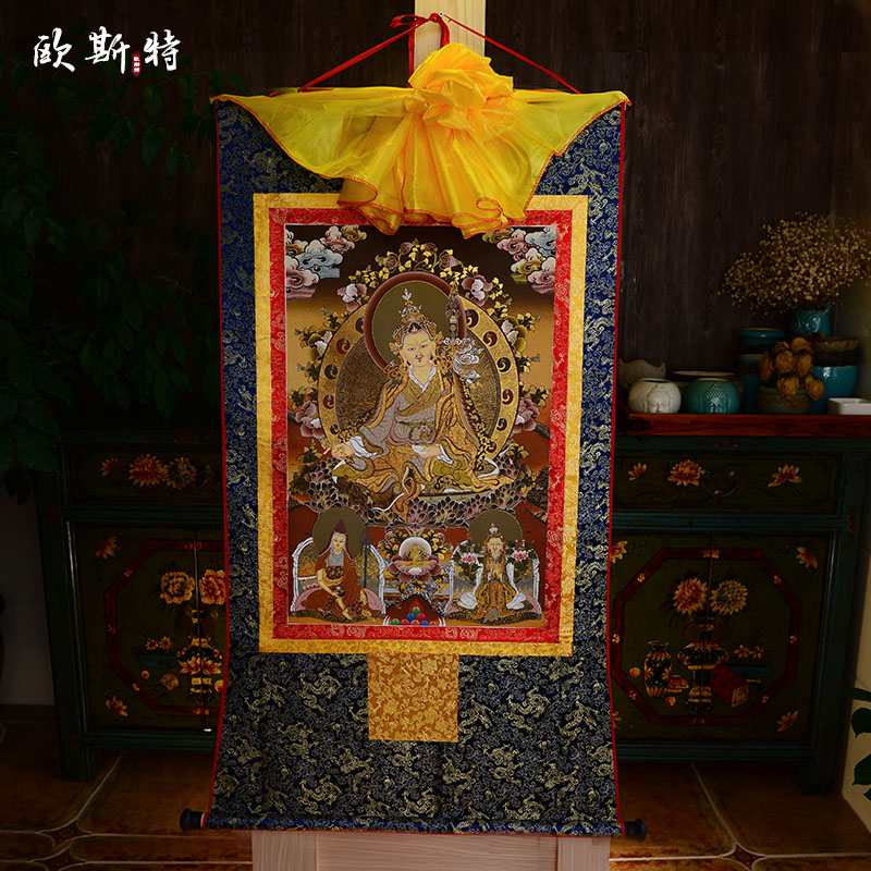 西藏镀金烫金唐卡 莲花生大士唐卡 莲师三尊 黑卡挂画 莲花生大师