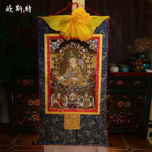 西藏镀金烫金唐卡 莲花生大士唐卡 莲师三尊 黑卡挂画 莲花生大师 - 封面