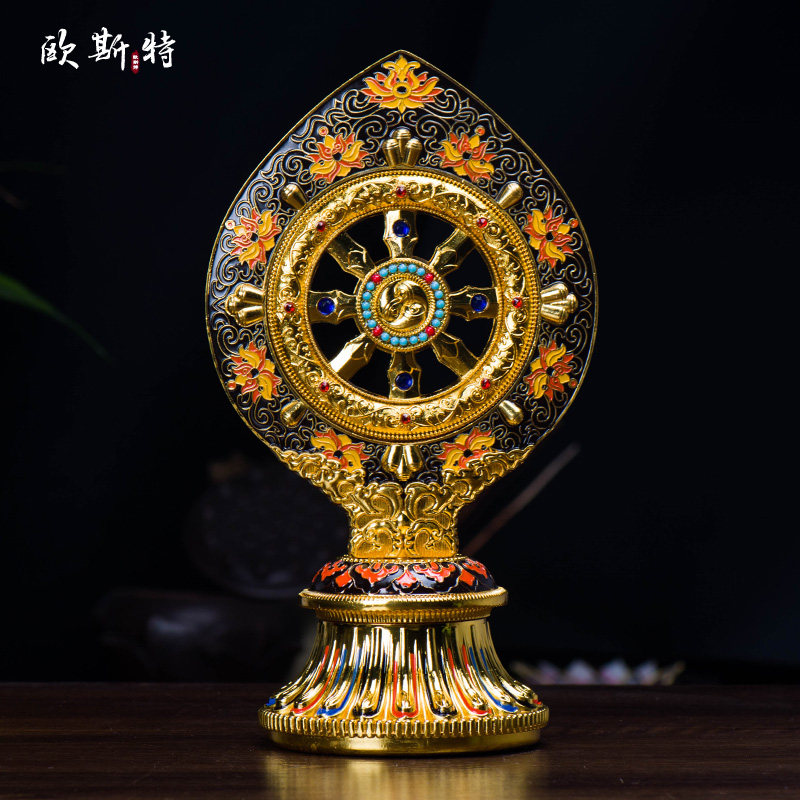 宝轮摆件 佛具用品桌面摆件彩绘鎏金转法轮宝七珍摆件 高26.5cm
