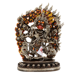 欧斯特 六臂玛哈嘎啦中式摆件 尼泊尔手工10寸青铜镀金镀银玄关像