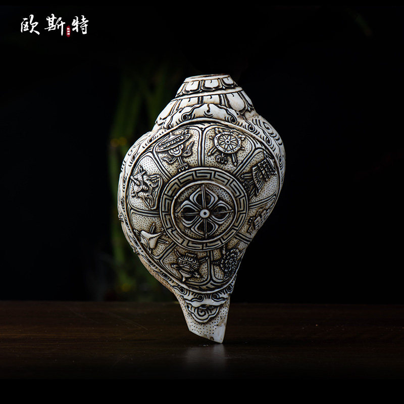 尼泊尔 佛家左旋海螺/生物右旋螺 雕刻金刚宝杵八吉祥可吹响摆件