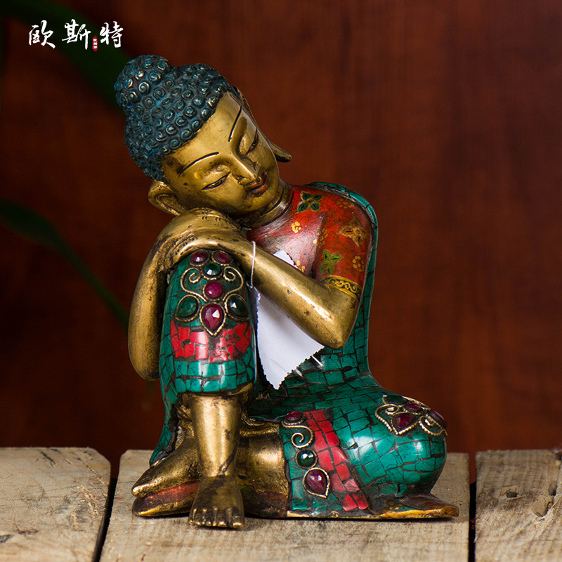 欧斯特尼泊尔铜镶嵌松石人像摆件