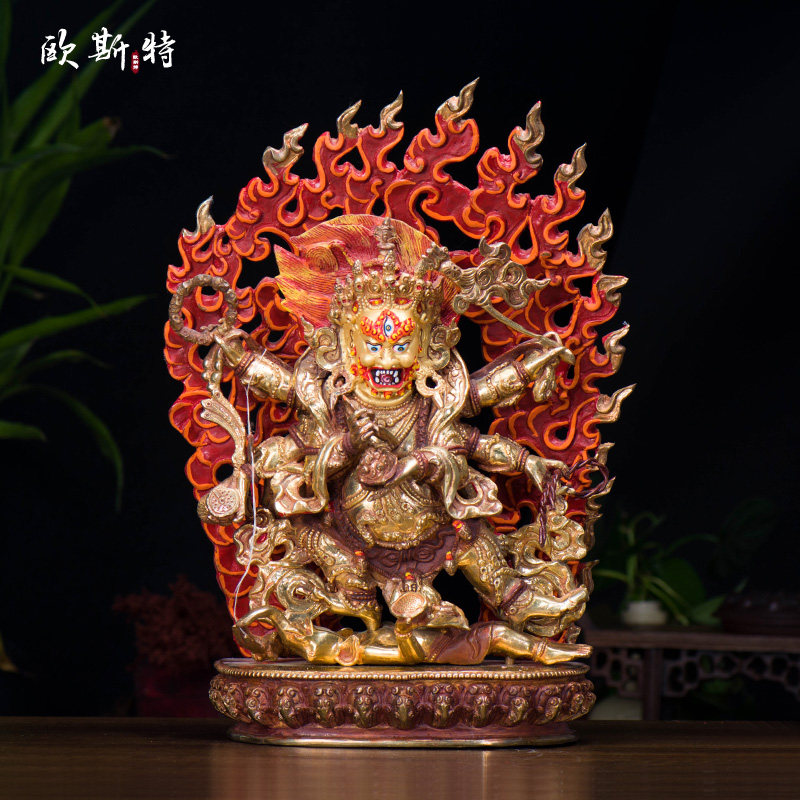 尼泊尔摆件 10寸34厘米 铜半鎏金 六臂玛哈嘎拉玄关像 铜像大黑天