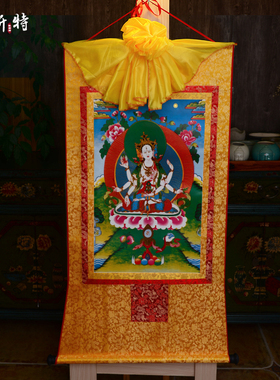 西藏唐卡画 镀金烫金装饰挂画郎迦玛 尊胜母像 玄关画客厅装饰画