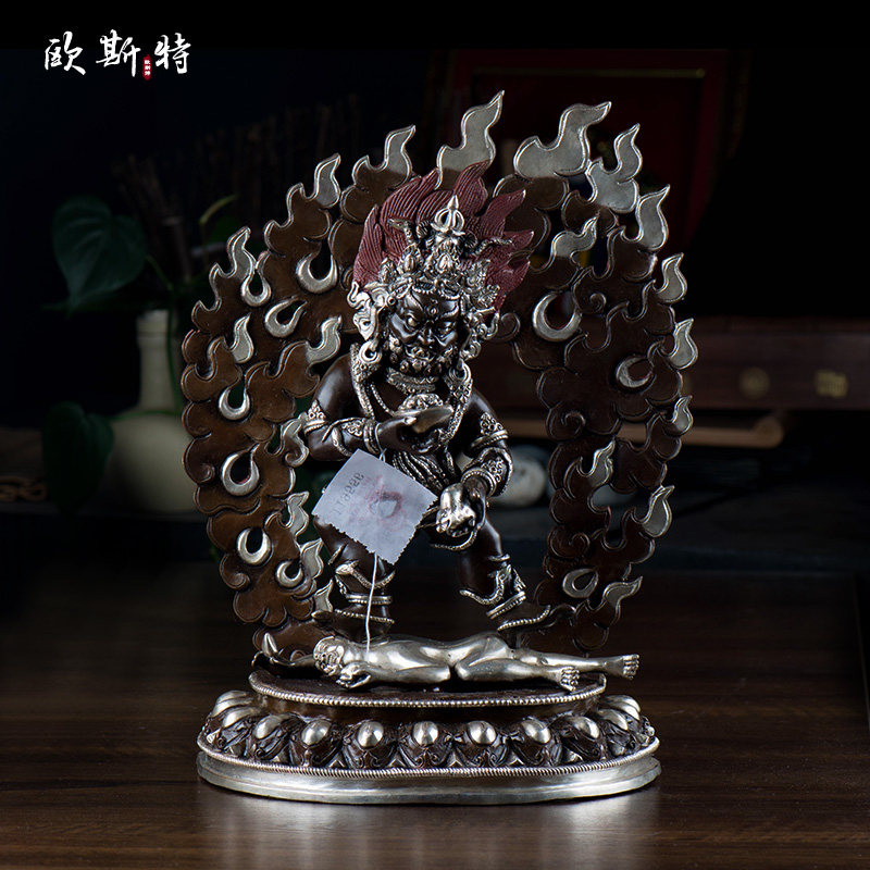 欧斯特 尼泊尔手工财神像 紫铜镀银 10寸五姓财神 黑财神铜像摆件