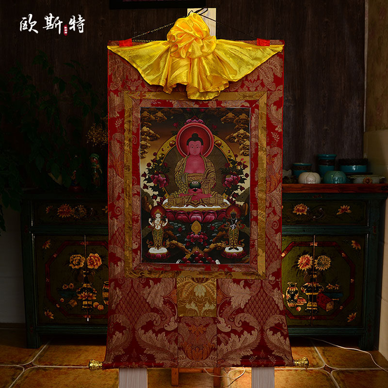 天然矿物颜料画心西方三圣 阿弥陀佛四臂观音 大势至菩萨唐卡挂画