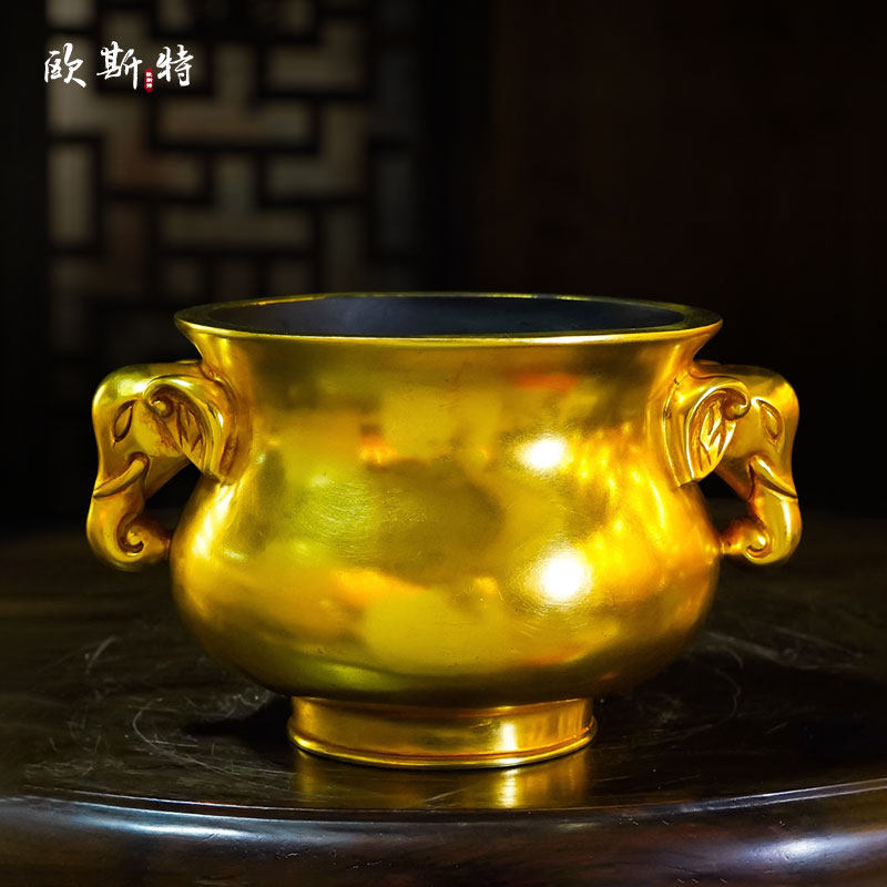 欧斯特全鎏金象头耳簋式炉室内家用双耳盘香炉办公室熏香炉摆件,家居饰品,香薰炉,淘宝优惠券,粉丝福利购,淘宝优惠卷