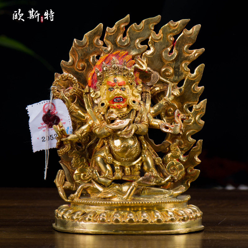 家居客厅中式摆件尼泊尔手工铜全鎏金六臂玛哈嘎拉玄关像 7寸