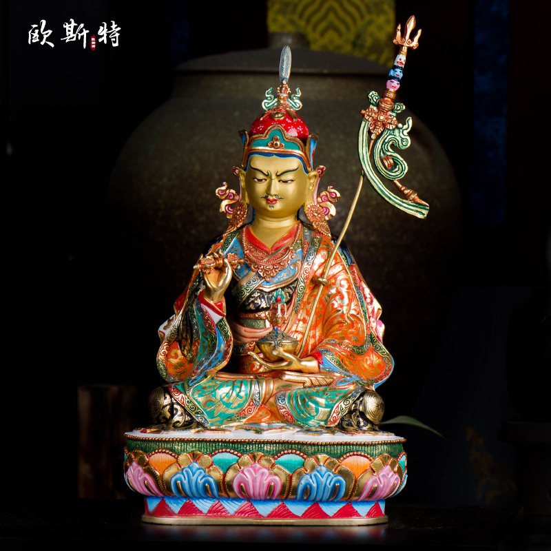 莲花生大士铜像 尼泊尔手工铜彩绘10寸莲花生大师 中式客厅摆件