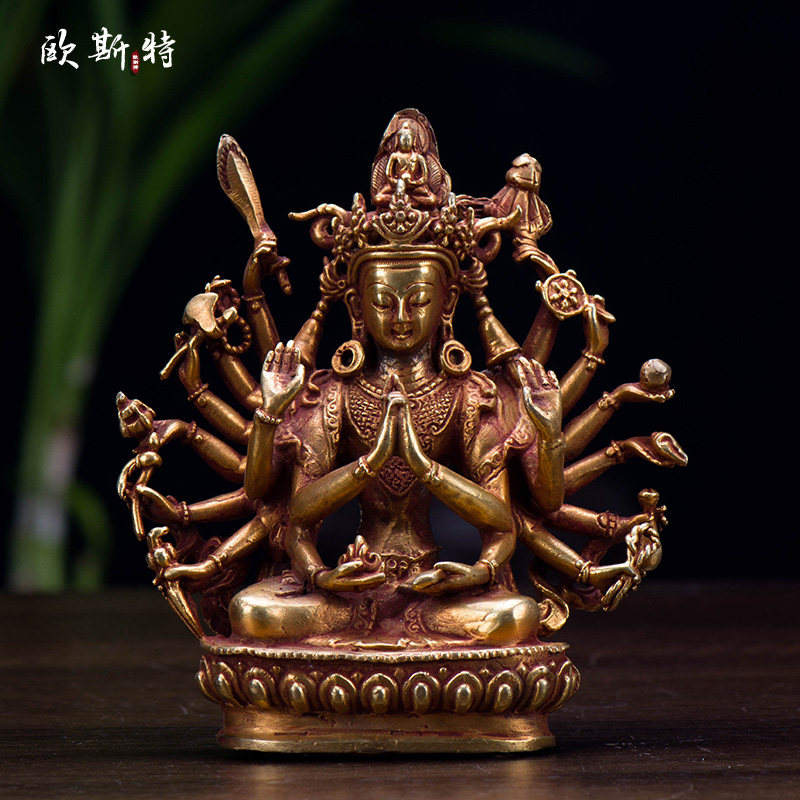 尼泊尔手工铜全鎏金《准提母铜像》4寸家用客厅装饰用品桌面摆件