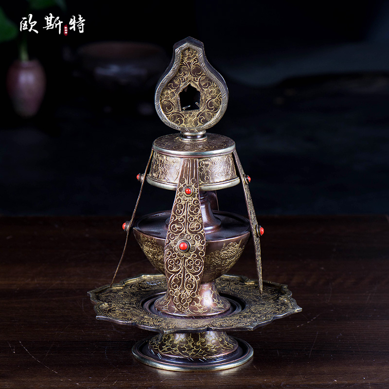 欧斯特家居摆件手工尼泊尔紫铜镀金雕花灌顶用具常寿宝瓶高24cm