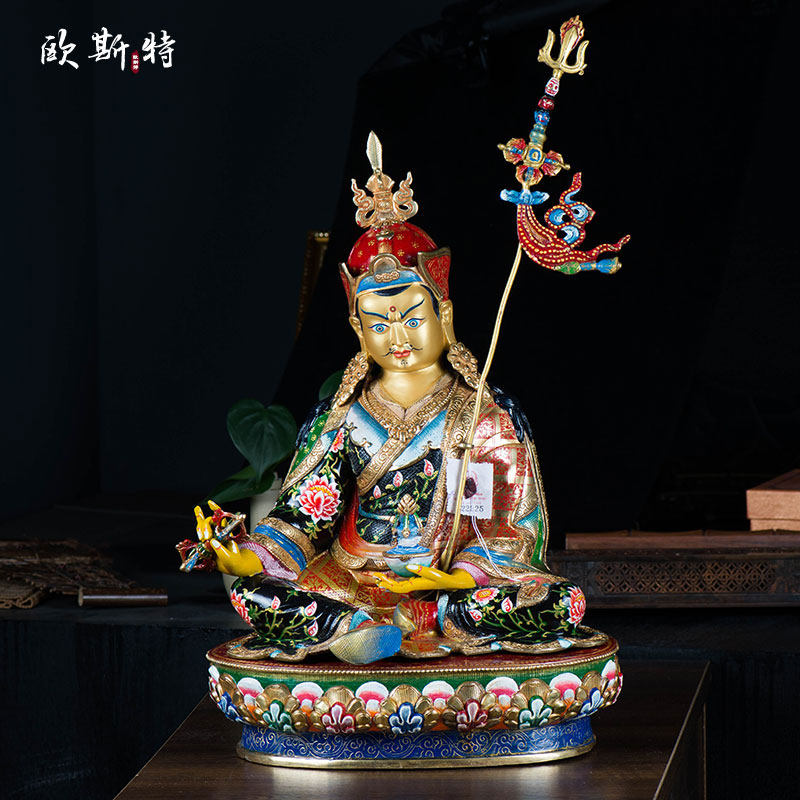欧斯特 尼泊尔手工15寸鎏金天然矿物质颜料 莲花生大师 铜像摆件