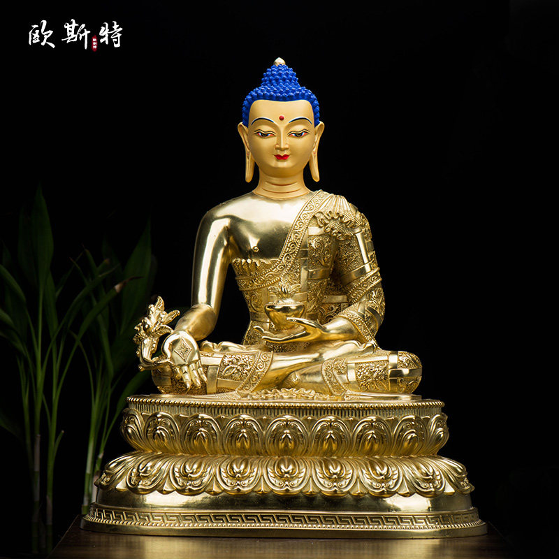药师佛摆件西藏家居用品台湾15寸仿尼泊尔铜全鎏金雕花家用中式