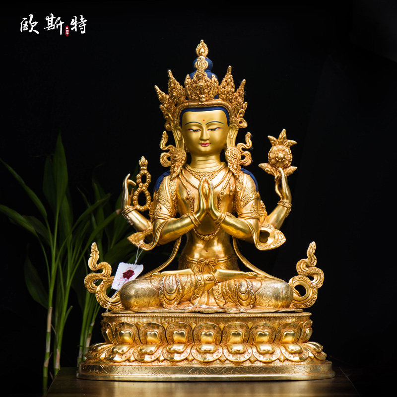 尼泊尔《四臂观音铜像》乔迁新居客厅用品摆件15寸铜镀金 观音像