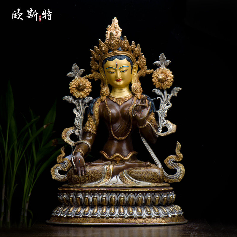 白度母铜像摆件 西藏家居客厅用品 尼泊尔15寸紫铜鎏金鎏银雕花