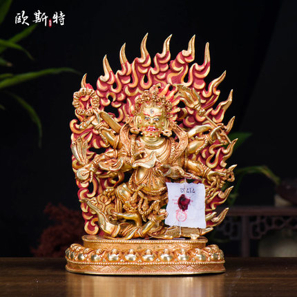 欧斯特 尼泊尔 7寸铜全鎏金 六臂玛哈嘎啦铜像家居客厅玄关像摆件