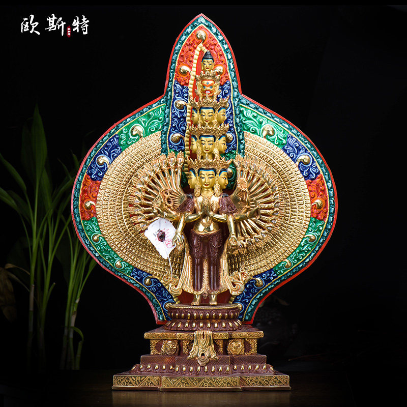 尼泊尔15寸铜半鎏金彩绘手工千手观音铜像 乔迁新居玄关中式摆件