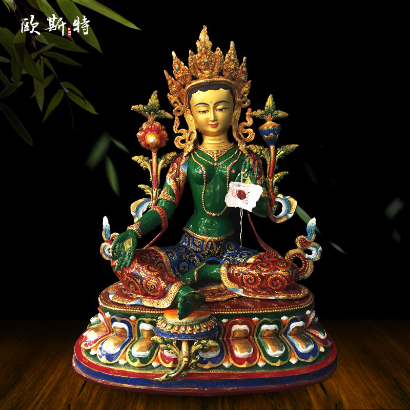 欧斯特《绿度母铜像》尼泊尔手工铜鎏金15寸客厅家居玄关中式摆件