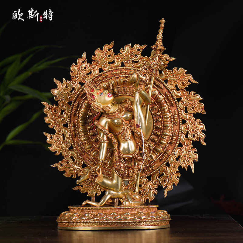 金刚瑜伽母中式摆件 尼泊尔10寸铜全鎏金手工空行母家用玄关铜像