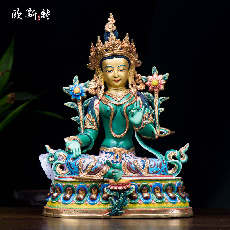 绿度母铜像 家居饰品尼泊尔彩绘矿物颜料铜10寸乔迁新居摆件