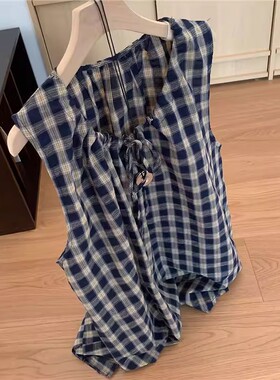 CHAO级！vocal！复古蓝色格纹背心裙不规则设计感无袖连衣裙