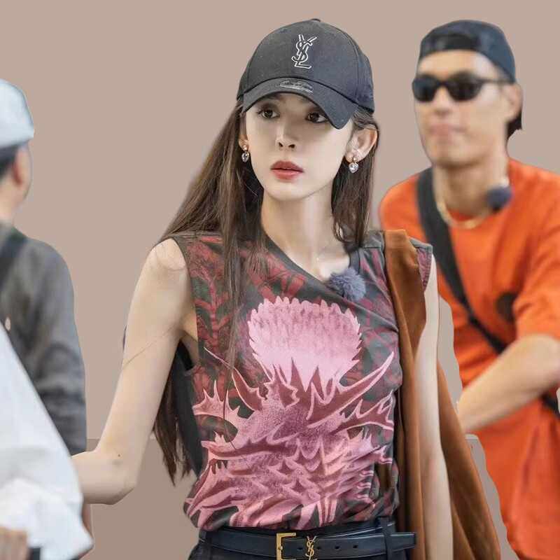 2024花少古力娜扎同款美式复古纯棉无袖印花背心女夏外穿T恤上衣