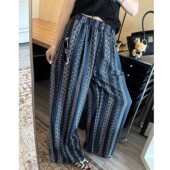 小众设计感直筒休闲长裤 老钱风棉麻印花高腰阔腿裤 女夏季