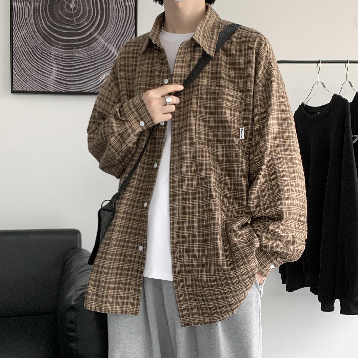 春装韩版宽松衬衣小格子长袖衬衫男Q286-P48控65，男装衬衫，星座617A-5（原A405）