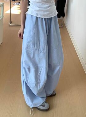 蓝色竖条纹阔腿休闲裤女2025夏季新款宽松慵懒遛弯长裤子