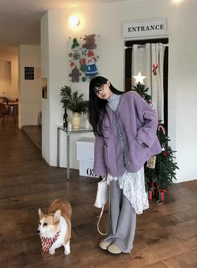 2025秋冬新款甜美减龄圆领紫色羊羔毛加厚外套波点高领打底衫