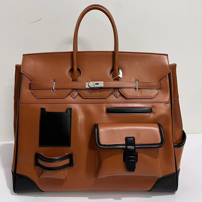 新款欧美真皮质感铂金包拼接真皮手提包大容量旅行包单肩斜挎包