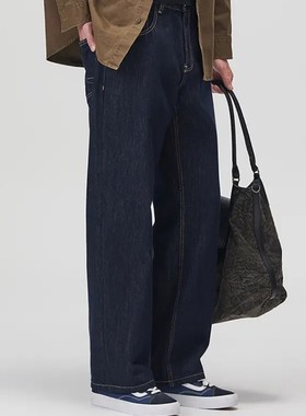 美式风原色牛仔裤男宽松直筒长裤2025新款加绒冬季明线设计感阔腿