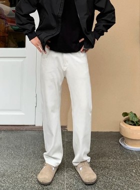 美式风暖白色宽松牛仔裤男直筒四面弹力高级感黑色长裤加绒四季裤