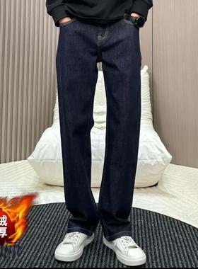 加绒牛仔裤男秋冬新款四面弹复古原牛色防褪色宽松直筒百搭长裤潮