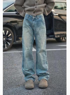 美式复古伐木裤男女cleanfit工装做旧重磅双膝牛仔裤宽松直筒长裤