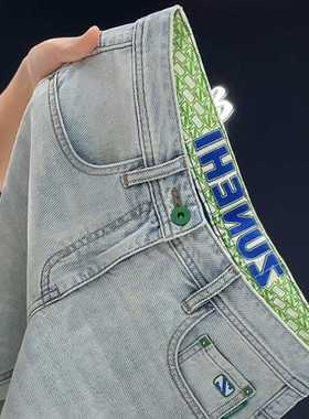 欧美大牌高端双股纱弹力牛仔裤男2024新款春夏季薄款修身刺绣长裤