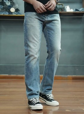 复古水洗牛仔裤男合体直筒浅蓝色经典高档百搭丹宁休闲刺绣长裤潮