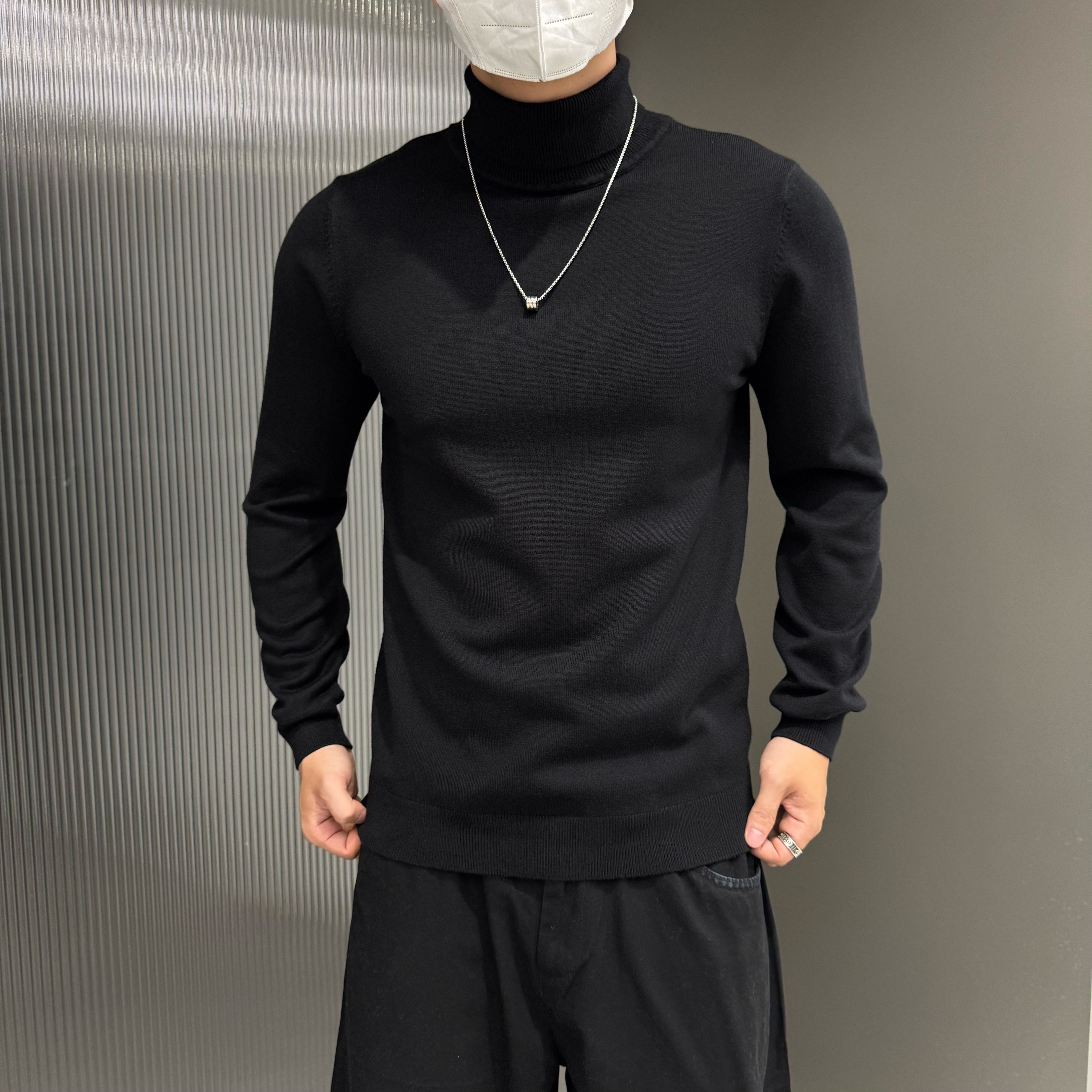 秋冬新款男士高领毛衣修身百搭男女同款男生学生纯色黑上衣针织衫