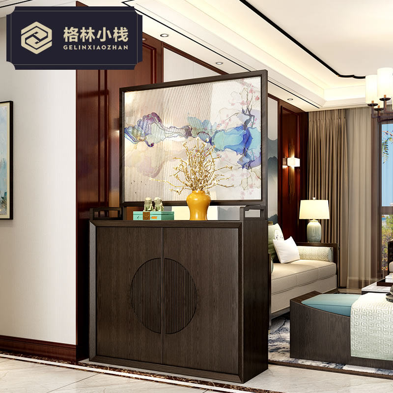 中式屏风玄关柜客厅鞋柜装饰柜玄关隔断柜门厅柜带画山水屏风柜子